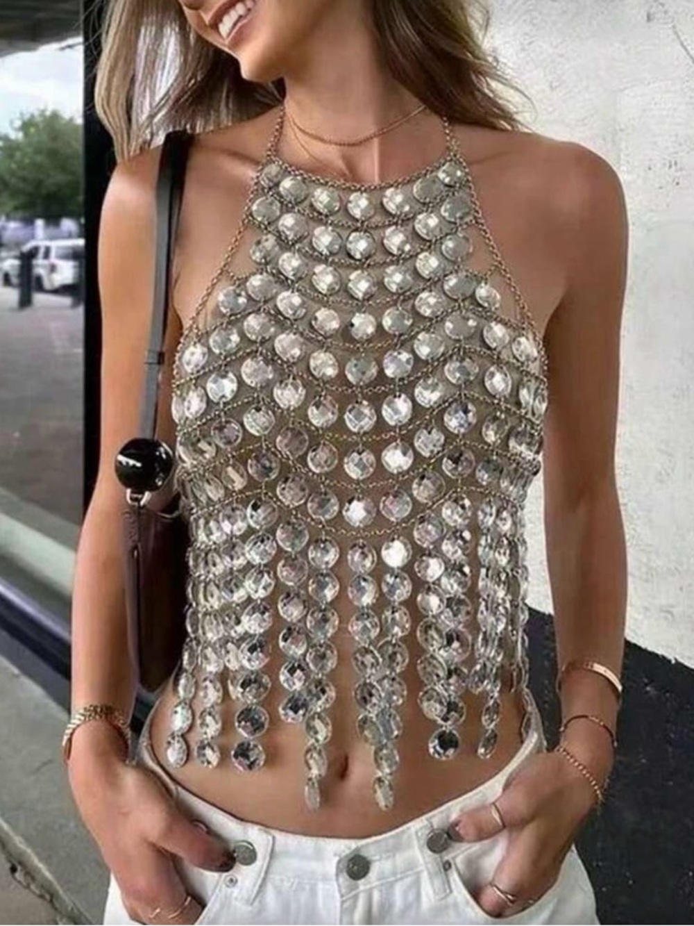 Silver Crystal Chain Halter Top - Women